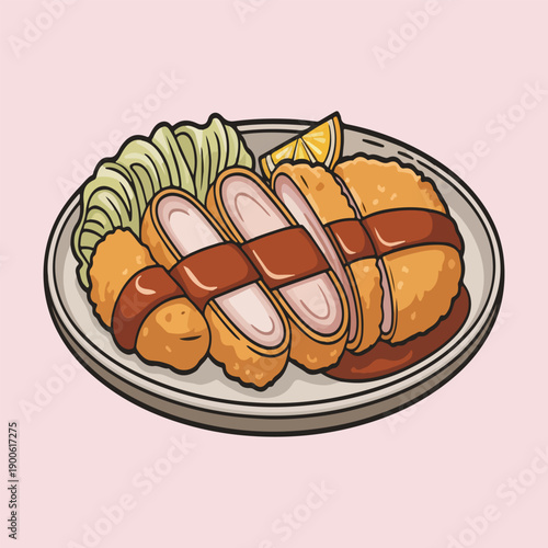 Tonkatsu Pork Vector Illustration of Crispy Japanese Fried Cutlet with Sauce and Cabbage