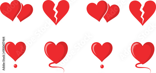 Collection of red heart and heartbreak vector symbols for valentine love emotions and romantic graphic projects