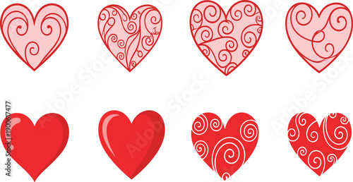 Collection of ornamental love heart vector symbols with abstract swirl textures for wedding and romance graphics