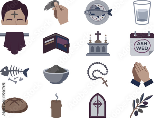 Ash Wednesday Religious and Traditional Icon Set.