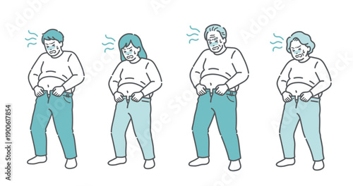太ってズボンが入らない老若男女のイラストセット（肥満・メタボ・全世代）
