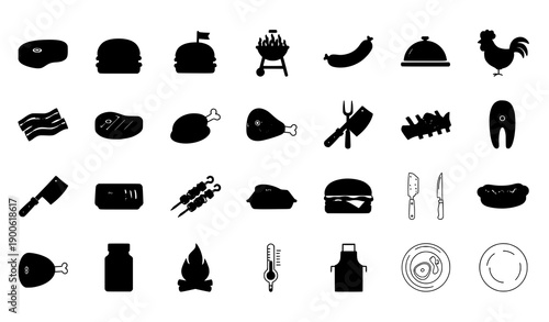 Meat filled and outline icon set with beef barbecue and burger symbols editable vector for web and mobile design