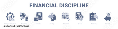 Financial Discipline web banner icon vector illustration concept ,  with icon of Money management, Budgeting, Expense, Savings, Discipline, Focus.