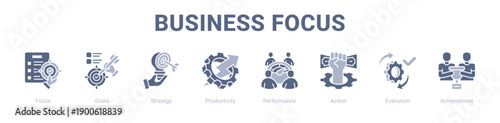 Business Focus web banner icon vector illustration concept ,  with icon of Focus, Goals, Strategy, Productivity, Performance, Action.