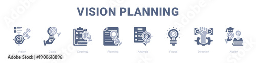 Vision Planning web banner icon vector illustration concept ,  with icon of Vision, Goals, Strategy, Planning, Analysis, Focus.
