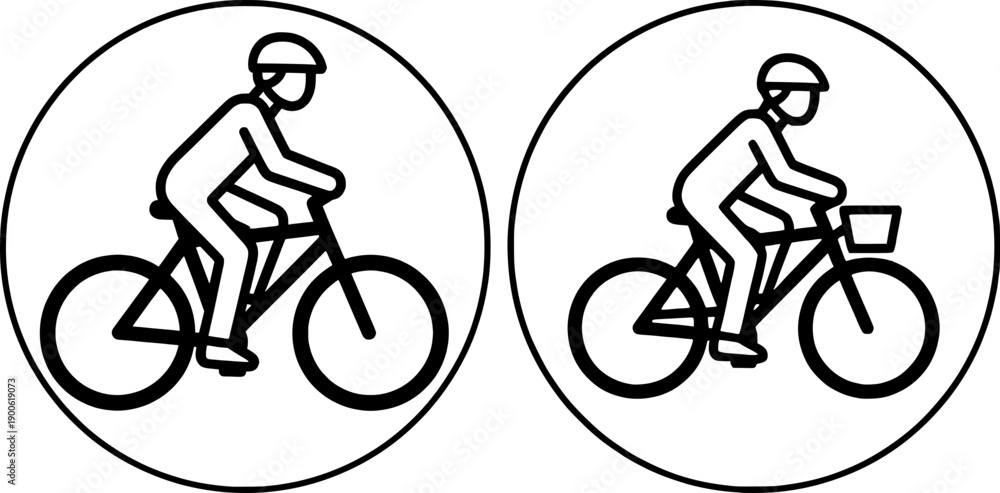 Fototapeta premium Cyclist icons set, man riding a bicycle with and without front basket, bike safety symbols with helmet, thin line art style, urban mobility and eco-friendly transportation concept.