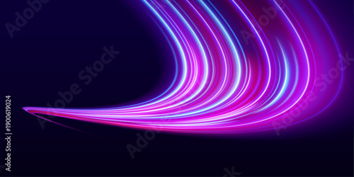 Bright neon blue and pink streaks race forward with flowing motion. Their glowing edges enhance depth and energy. A bold accent for dynamic digital projects. vector