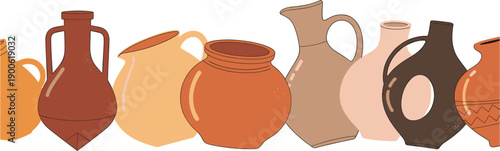 Minimal ceramic pottery jars and vases collection with earthy tones isolated flat vector illustration set