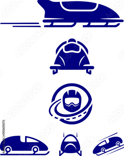 Bobsled and skeleton sports icons set, winter olympic games symbols, professional bobsleigh sled from different angles, athlete helmet and high speed sliding track concept.