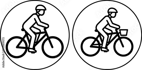 Cyclist icons set, man riding a bicycle with and without front basket, bike safety symbols with helmet, thin line art style, urban mobility and eco-friendly transportation concept.