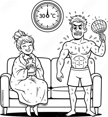 Couple experiencing different temperatures at home, woman feeling cold in blanket with hot water bottle while man is sweating and hot at 30 degrees Celsius, thermostat conflict concept, hand drawn sty