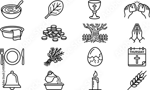 Maundy Thursday and Green Thursday Line Art Icon Set.