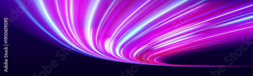 Flowing blue-pink light streaks bend smoothly, creating a glowing high-speed path. Neon highlights emphasize motion and velocity. Ideal for tech and gaming visuals. vector