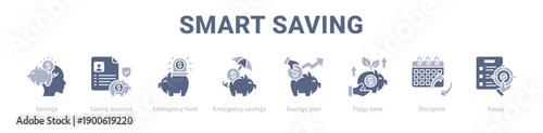 Smart Saving web banner icon vector illustration concept ,  with icon of Savings, Saving account, Emergency fund, Emergency savings, Savings plan, Piggy bank.