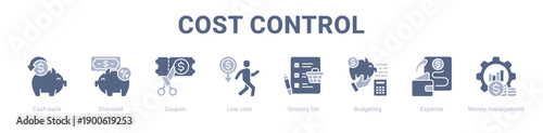 Cost Control web banner icon vector illustration concept ,  with icon of Cash back, Discount, Coupon, Low cost, Grocery list, Budgeting, Expense.