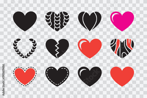 Creative collection of stylized heart shapes with various designs and colors isolated on transparent background