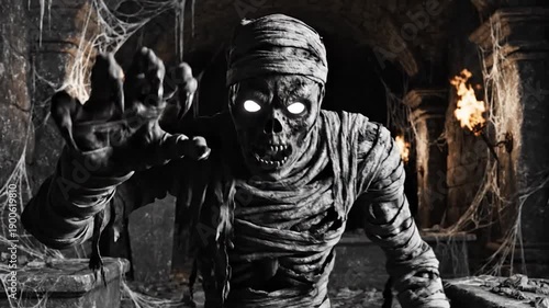 Wallpaper Mural Eerie mummy emerges from dark tomb amidst cobwebs and torchlight Torontodigital.ca