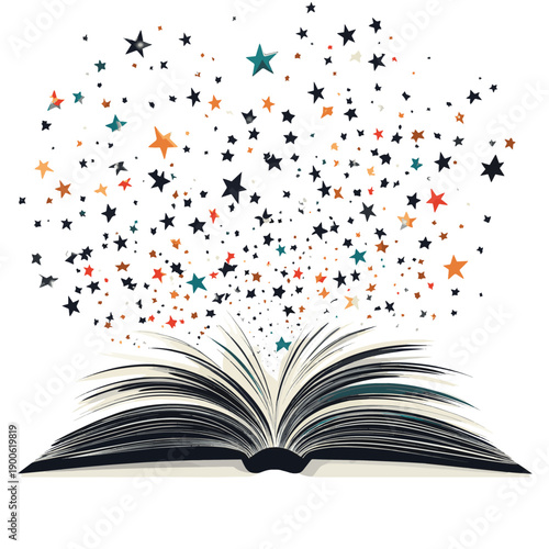 Open book with stars or fireworks flying out. Isolated on white background. , vector style simple color