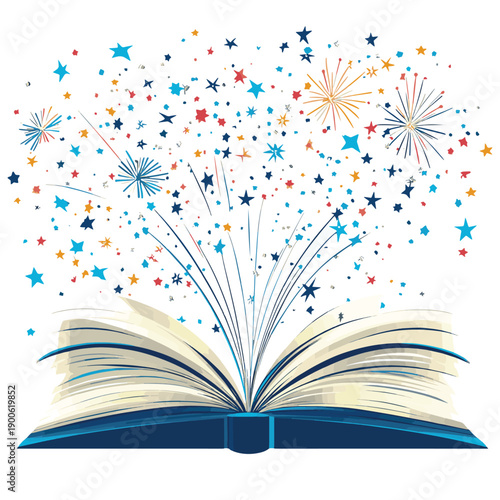 Open book with stars or fireworks flying out. Isolated on white background. , vector style simple color