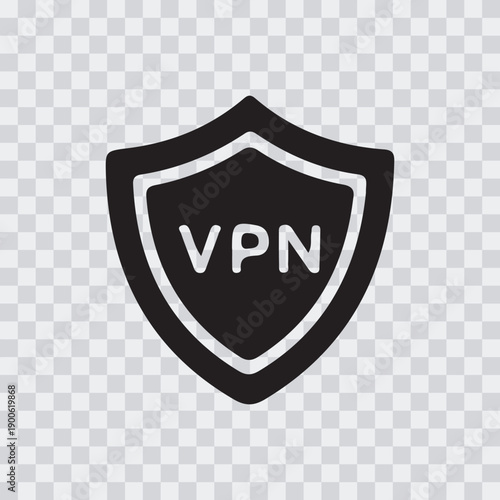 Black and white shield icon representing a virtual private network connection isolated on transparent background