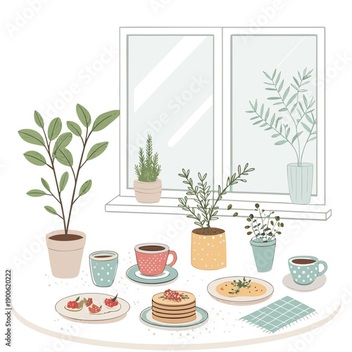 A serene breakfast scene with plants, cups, and plates arranged on a table near a window, viewed from a slight angle.