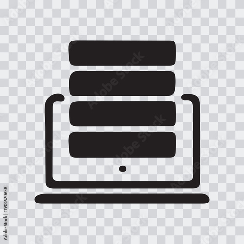Modern stylized graphic of a laptop displaying stacked cylindrical data storage units isolated on transparent background
