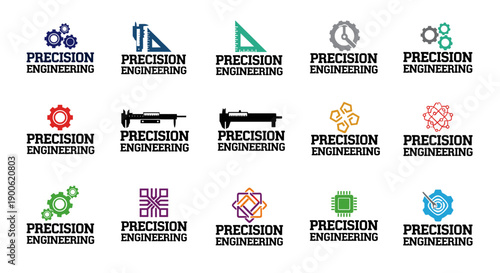 Collection of precision engineering logos with various industry icons