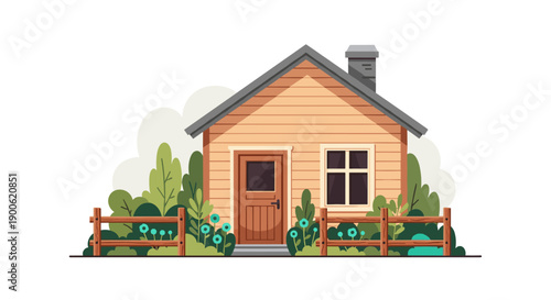 Cozy small house with garden and wooden fence illustration