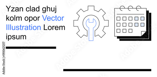 Business planning, project management, scheduling, technology setup, teamwork, marketing concepts. A gear icon and calendar symbol with text. Project management and scheduling
