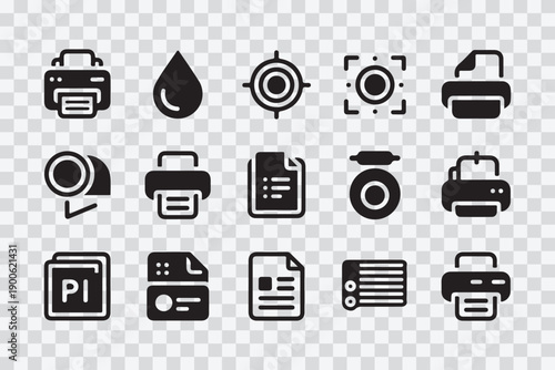 Collection of icons representing various printing and document-related functions isolated on transparent background