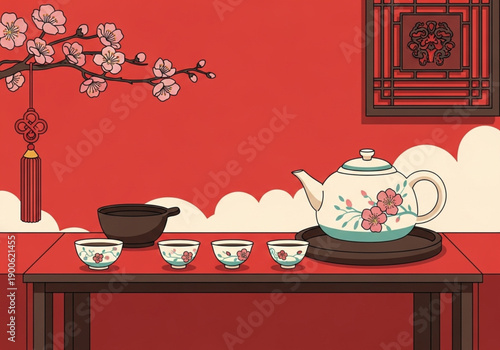 Traditional Chinese Tea Ceremony Setup with Cherry Blossom Decor and Elegant Teaware