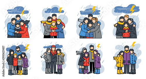 Groups of people hugging in rain and storm illustration