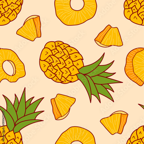 Seamless tropical pattern with pineapples and slices in warm yellow tones. Great for summer fabric, beachwear, stationery, and fun food designs.