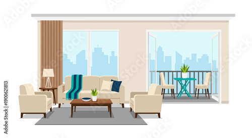 Modern living room with balcony and city skyline view
