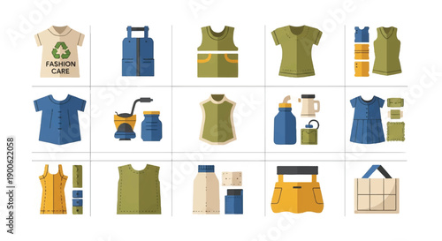 Sustainable clothing and accessories displayed on white surface promoting ecofriendly fashion choices with minimalist and clean aesthetic.