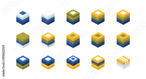 Isometric cubes stacked in various configurations show different layers and colors on a white surface, creating a modern and geometric composition.