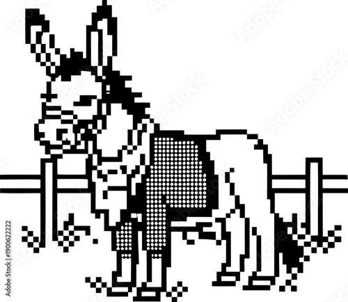 pixel art donkey standing near fence in retro video game black and white design