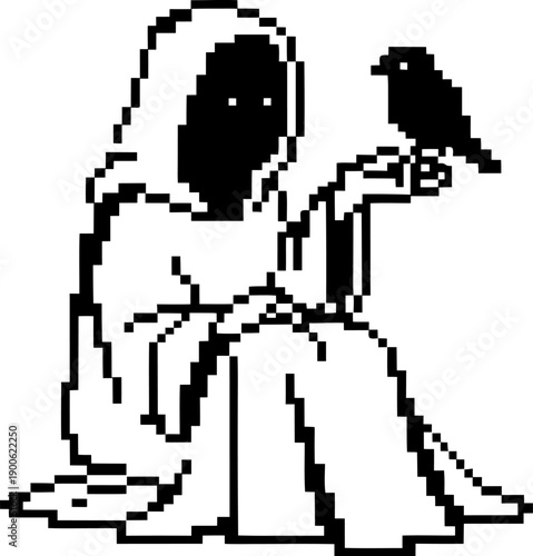 Pixel art cloaked figure with raven perched on hand, dark mysterious character silhouette in minimalist