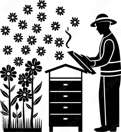 Beekeeper inspecting hive near blooming flowers with bees flying around in garden environment