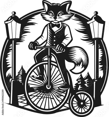 Fox character riding vintage penny farthing bicycle in stylized black and white design with lampposts