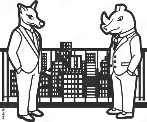 Anthropomorphic business animals standing on rooftop balcony overlooking city skyline in formal suits