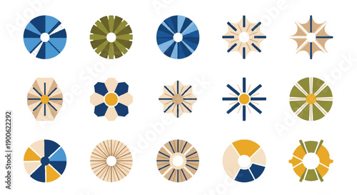 Geometric shapes arranged in neat rows showing different abstract circular patterns with a modern and minimalist aesthetic, perfect for creative projects.