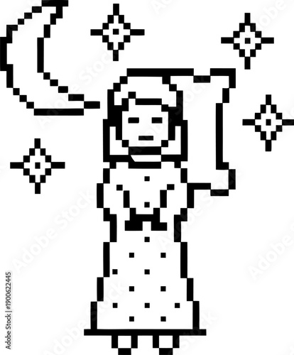 Pixel art woman in nightgown holding moon lamps with stars, retro digital nighttime illustration