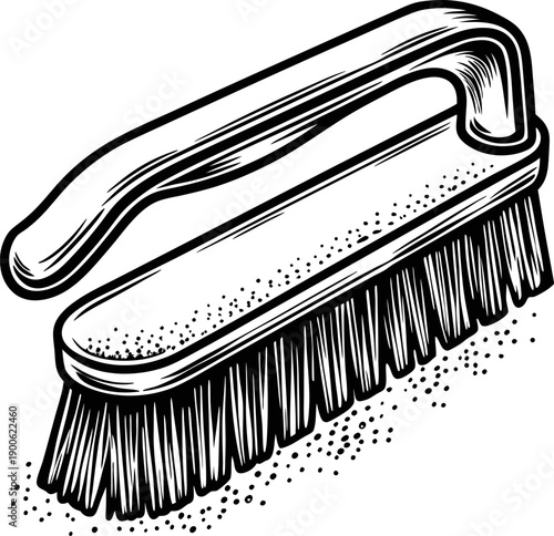 Hand brush with handle and stiff bristles for scrubbing and cleaning surfaces, retro black and white illustration