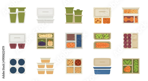 Food containers arranged neatly on white surface showcasing organization and variety in meal preparation for healthy lifestyle.