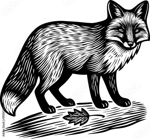 black and white illustration of a fox standing on ground with leaf, woodland wild animal wildlife art