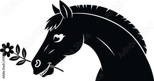 Horse head silhouette holding a small flower in its mouth. Vector illustration