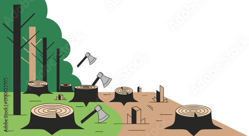 Tree stumps and axes in forest showing deforestation