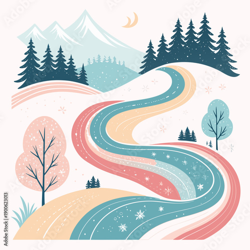 A winding road through a serene winter landscape with snow-covered mountains and trees, viewed from a high vantage point, as depicted in 98745131545 (4).svg
