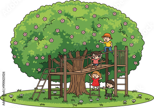 Children playing on treehouse playground illustration with big flowering tree, outdoor fun activity concept for kids, park recreation, childhood adventure, and family leisure.